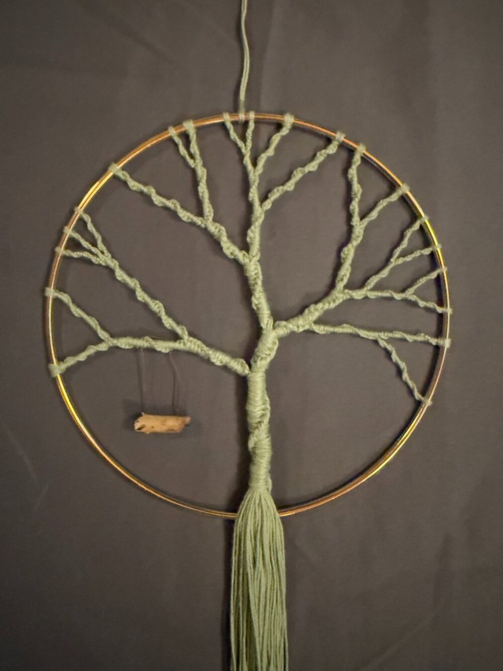 6" Gold Round Boho Macrame Sage Green Intricate Tree of Life with Wood Swing